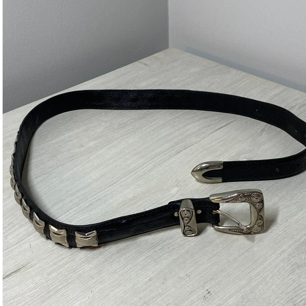 Manni Black Leather Western Concho Belt Made in Italy Silver Engraved Hardware